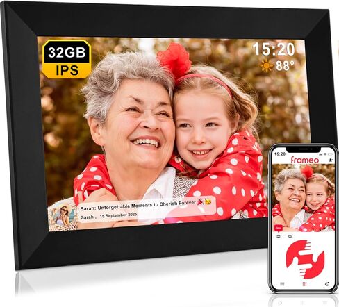 Frameo Digital Picture Frame - 10.1 بوصة كبيرة 32 جيجابايت مع شاشة اللمس HD IPS | توقعات درجة حرارة الطقس | الوقت ساعة | عرض الشرائح | شارك الصور/مقاطع الفيديو من WiFi Phone (أبيض) in Saudi Arabia