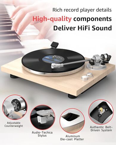 Turntable Record Player Wireless Output Carbon Fiber Tonearm Vinyl Player Aluminium Platter Belt-Drive LP Turn Tables 33 1/3&45 RPM Phono Level Audio RCA Line Output AT-3600L MM Cartridge Grey in Saudi Arabia