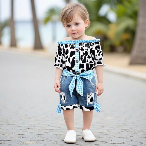 Western Baby Girl Clothes Cow Print Shirt Off Shoulder Smocked Top and Jeans Shorts Toddler Cowgirl Outfit Denim Set in Saudi Arabia
