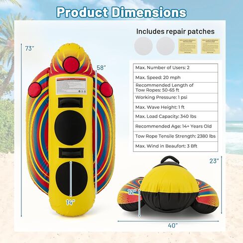 Goplus Inflatable Towable Tubes for Boating, 1-2/1-3 Rider Hot Dog Tube for Boat to Pull, Water Sports Banana Boat with EVA-Padded Seats for Towing Rider in Saudi Arabia