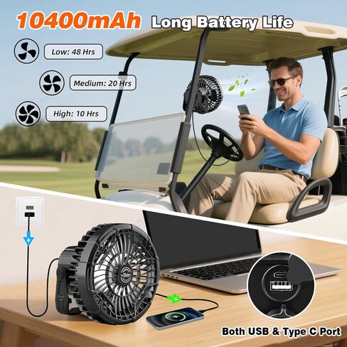 Roykaw 10400 Mah Magnetic Golf Cart Fan محمولة بطارية قابلة لإعادة الشحن مدعومة ، 24+ ساعة ، مع مصابيح LED ، متوافقة مع Ezgo/Club Car/Yamaha وجميع الأجسام المفارقة ، السيطرة اللاسلكية وبعدها ، 1 PC in Kuwait