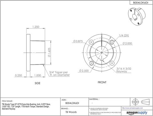 اكتب QT QT78 جلبة أكواب ، بوصة ، 0.875 "تجويف ، 1.625" OD ، 1.25 "طول ، 1750 رطل/عزم الدوران ، التصميم القياسي ، keyway القياسي in Kuwait