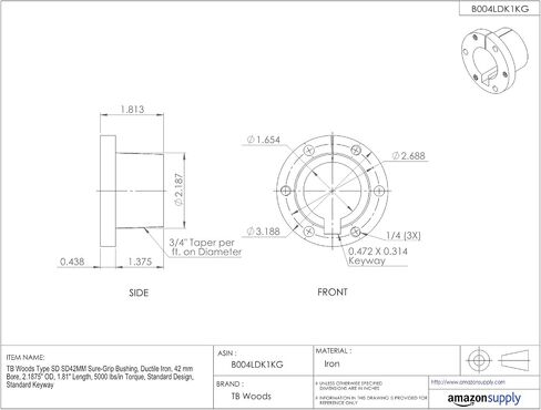 Type SD SD42MM Sure-Grip Bushing, Ductile Iron, 42 mm Bore, 2.1875" OD, 1.81" Length, 5000 lbs/in Torque, Standard Design, Standard Keyway in Saudi Arabia