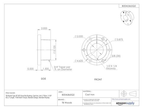 اكتب SF SF2 جلبة قاسية مؤكدة ، الحديد الزهر ، بوصة ، 2 "تجويف ، 3.125" OD ، 2 "طول ، 11000 رطل/عزم الدوران ، التصميم القياسي ، Keyway القياسي in Kuwait