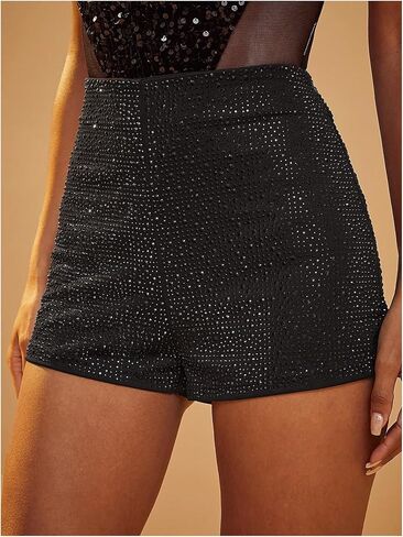 WDIRARA Women's Sparkly Rhinestones Mini Shorts Sexy Glitter Sequins High Waist Bottoms Party Clubwear in Kuwait