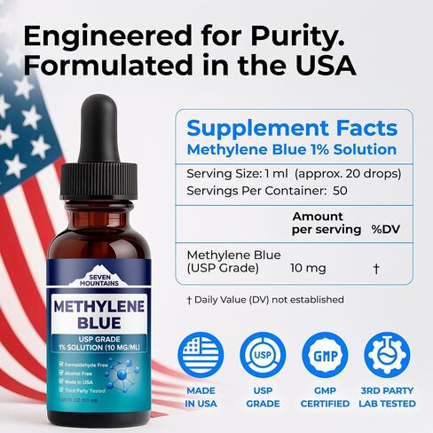 Methylene Blue Pharmaceutical Grade – USP Grade 1% Brain Health Supplement for Memory and Focus – Methylene Blue Drops for Humans – Cognitive Support – No Formaldehyde, Made in USA, 1.69 fl oz (50ml) in Saudi Arabia