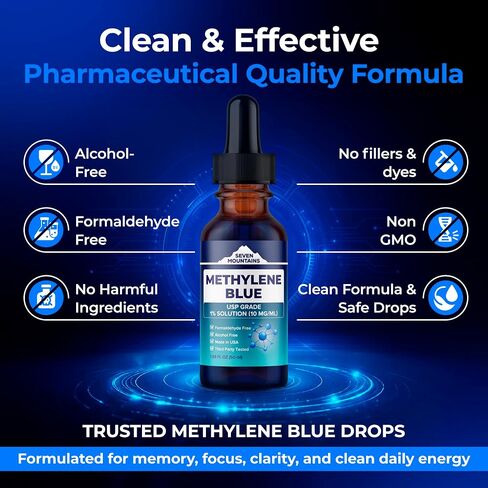 Methylene Blue Pharmaceutical Grade – USP Grade 1% Brain Health Supplement for Memory and Focus – Methylene Blue Drops for Humans – Cognitive Support – No Formaldehyde, Made in USA, 1.69 fl oz (50ml) in Saudi Arabia