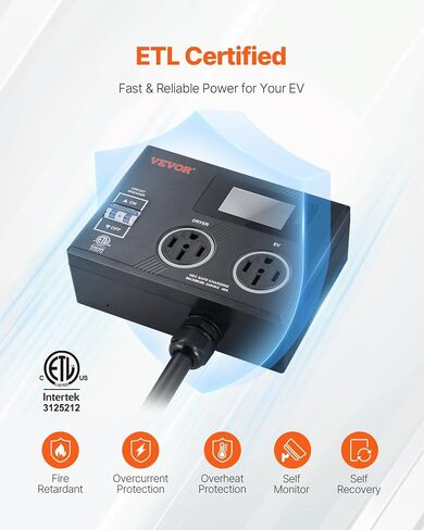 Vevor nema Splitter for Dryer و EV ، مؤشر LED 3 ألوان ، توزيع طاقة ذكي 240 فولت ، مع قابس NEMA 10-30 ، واثنين من المنافذ NEMA 10-30 ، 3.4 في شاشة LCD ، MAX 24A Dryer EV ، تم اختباره إلى ETL Standard in Kuwait