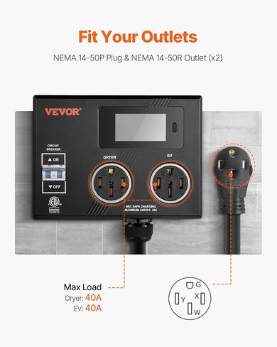 Vevor nema Splitter for Dryer و EV ، مؤشر LED 3 ألوان ، توزيع طاقة ذكي 240 فولت ، مع قابس NEMA 10-30 ، واثنين من المنافذ NEMA 10-30 ، 3.4 في شاشة LCD ، MAX 24A Dryer EV ، تم اختباره إلى ETL Standard in Kuwait