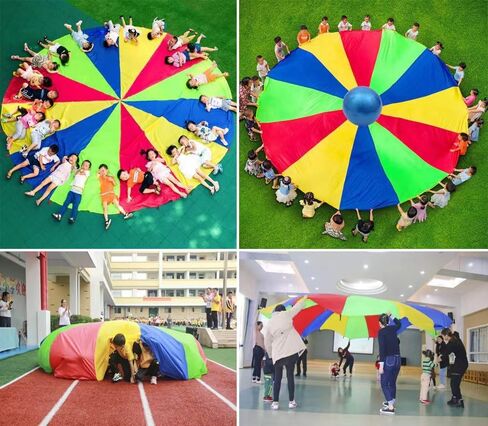 Parachute with مقابض بطول 8 أقدام و 12 قدمًا ألعاب المظلة لألعاب الفريق في الهواء الطلق ، والخياطة المقواة بالماء ، يمكنك أيضًا استخدامها لتوسيع نطاق تغطية الترامبولين ، والمعدات الرياضية (12 قدمًا 12 اليدين) in Kuwait