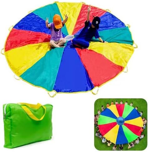 Parachute with مقابض بطول 8 أقدام و 12 قدمًا ألعاب المظلة لألعاب الفريق في الهواء الطلق ، والخياطة المقواة بالماء ، يمكنك أيضًا استخدامها لتوسيع نطاق تغطية الترامبولين ، والمعدات الرياضية (12 قدمًا 12 اليدين) in Kuwait