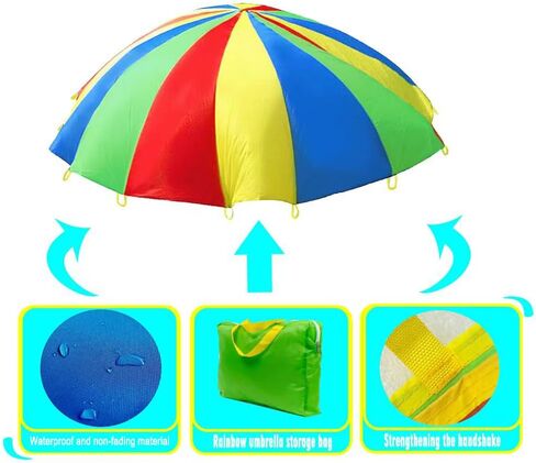 Parachute with مقابض بطول 8 أقدام و 12 قدمًا ألعاب المظلة لألعاب الفريق في الهواء الطلق ، والخياطة المقواة بالماء ، يمكنك أيضًا استخدامها لتوسيع نطاق تغطية الترامبولين ، والمعدات الرياضية (12 قدمًا 12 اليدين) in Kuwait