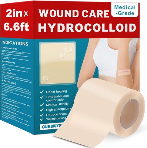 WUYUAN Hydrocolloid Roll for Wound Care, 2in*6.6ft Hydrocolloid Bandages with Self-Adhesive, Extra Large Hydrocolloid Patch Bandages Cut-to-Size, Ultra Absorbent, Waterproof in Saudi Arabia
