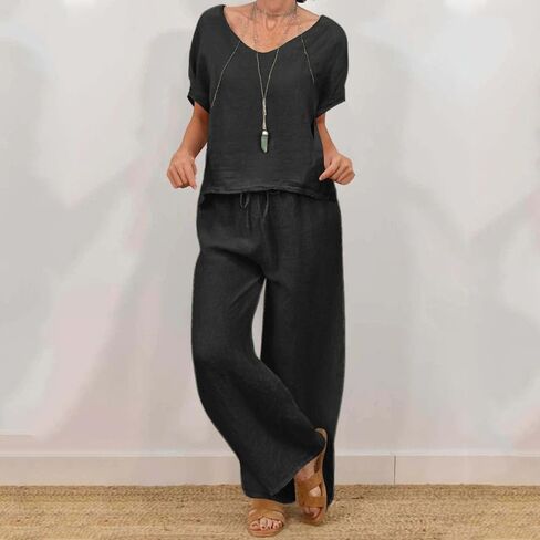 2 Piece Cotton Linen Sets for Women Summer Outfits V Neck Short Sleeve Tops Elastic Waist Wide Leg Pants Plus Size in Saudi Arabia