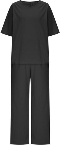 2 Piece Cotton Linen Sets for Women Summer Outfits V Neck Short Sleeve Tops Elastic Waist Wide Leg Pants Plus Size in Saudi Arabia