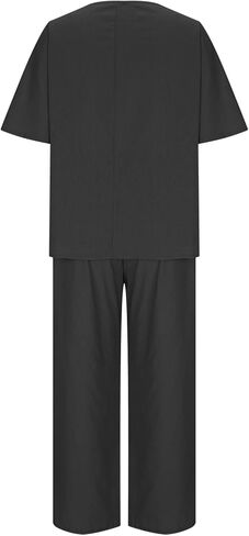 2 Piece Cotton Linen Sets for Women Summer Outfits V Neck Short Sleeve Tops Elastic Waist Wide Leg Pants Plus Size in Saudi Arabia