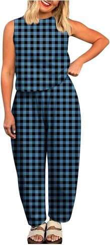 Plaid 2 Piece Sets for Women Summer Sleeveless Cropped Tank Tops High Waisted Wide Leg Lounge Pants with Pockets in Saudi Arabia