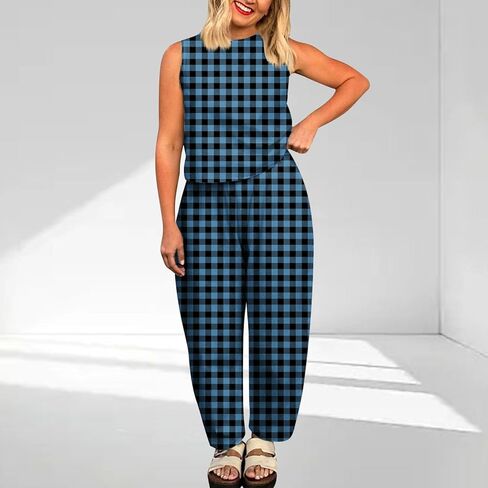 Plaid 2 Piece Sets for Women Summer Sleeveless Cropped Tank Tops High Waisted Wide Leg Lounge Pants with Pockets in Saudi Arabia