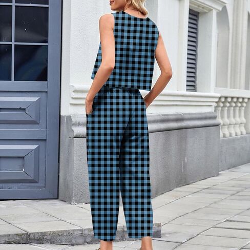 Plaid 2 Piece Sets for Women Summer Sleeveless Cropped Tank Tops High Waisted Wide Leg Lounge Pants with Pockets in Saudi Arabia
