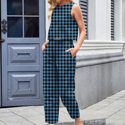Plaid 2 Piece Sets for Women Summer Sleeveless Cropped Tank Tops High Waisted Wide Leg Lounge Pants with Pockets in Saudi Arabia
