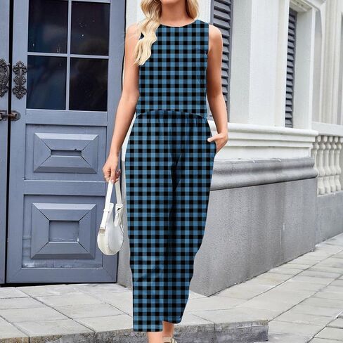 Plaid 2 Piece Sets for Women Summer Sleeveless Cropped Tank Tops High Waisted Wide Leg Lounge Pants with Pockets in Saudi Arabia