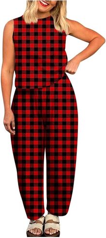 Plaid 2 Piece Sets for Women Summer Sleeveless Cropped Tank Tops High Waisted Wide Leg Lounge Pants with Pockets in Saudi Arabia