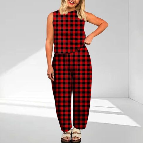 Plaid 2 Piece Sets for Women Summer Sleeveless Cropped Tank Tops High Waisted Wide Leg Lounge Pants with Pockets in Saudi Arabia