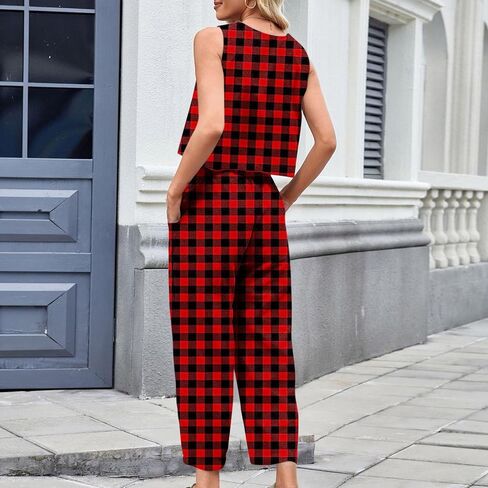Plaid 2 Piece Sets for Women Summer Sleeveless Cropped Tank Tops High Waisted Wide Leg Lounge Pants with Pockets in Saudi Arabia