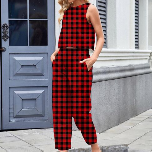 Plaid 2 Piece Sets for Women Summer Sleeveless Cropped Tank Tops High Waisted Wide Leg Lounge Pants with Pockets in Saudi Arabia
