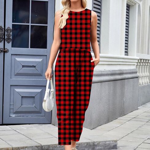 Plaid 2 Piece Sets for Women Summer Sleeveless Cropped Tank Tops High Waisted Wide Leg Lounge Pants with Pockets in Saudi Arabia