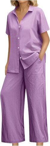 Womens 2 Piece Linen Sets Short Sleeve Button Down Collared Shirts Wide Leg Palazzo Pants with Pockets Summer Outfits in Saudi Arabia