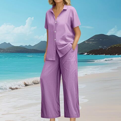 Womens 2 Piece Linen Sets Short Sleeve Button Down Collared Shirts Wide Leg Palazzo Pants with Pockets Summer Outfits in Saudi Arabia