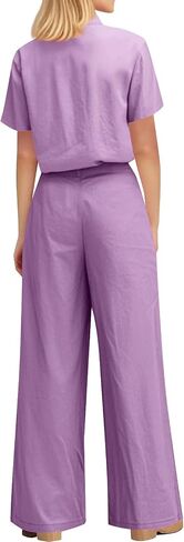Womens 2 Piece Linen Sets Short Sleeve Button Down Collared Shirts Wide Leg Palazzo Pants with Pockets Summer Outfits in Saudi Arabia