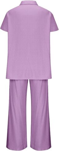 Womens 2 Piece Linen Sets Short Sleeve Button Down Collared Shirts Wide Leg Palazzo Pants with Pockets Summer Outfits in Saudi Arabia