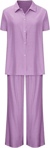 Womens 2 Piece Linen Sets Short Sleeve Button Down Collared Shirts Wide Leg Palazzo Pants with Pockets Summer Outfits in Saudi Arabia