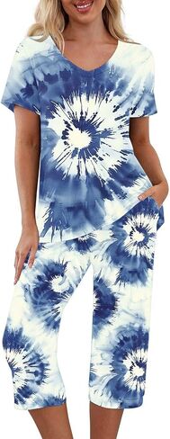Tie Dye Capri Sets Women 2 Piece Outfits Summer Trendy Loungewear Short Sleeve V Neck Tops Crop Pants with Pockets in Saudi Arabia