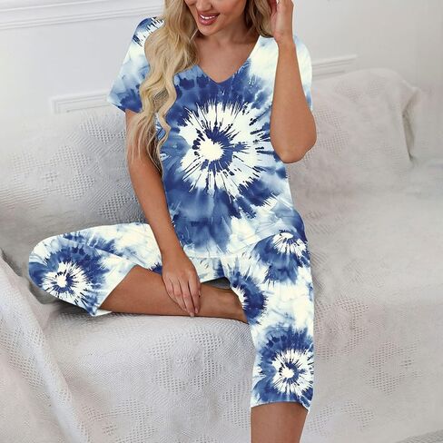 Tie Dye Capri Sets Women 2 Piece Outfits Summer Trendy Loungewear Short Sleeve V Neck Tops Crop Pants with Pockets in Saudi Arabia