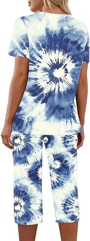 Tie Dye Capri Sets Women 2 Piece Outfits Summer Trendy Loungewear Short Sleeve V Neck Tops Crop Pants with Pockets in Saudi Arabia