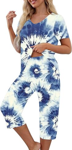 Tie Dye Capri Sets Women 2 Piece Outfits Summer Trendy Loungewear Short Sleeve V Neck Tops Crop Pants with Pockets in Saudi Arabia