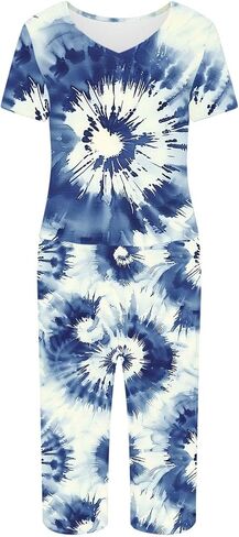 Tie Dye Capri Sets Women 2 Piece Outfits Summer Trendy Loungewear Short Sleeve V Neck Tops Crop Pants with Pockets in Saudi Arabia