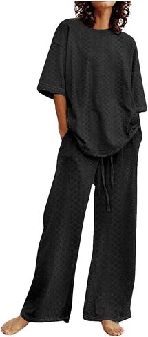 Womens 2 Piece Eyelet Sets Short Sleeve Tops Wide Leg Palazzo Lounge Pants Loose Casual Summer Outfits with Pockets in Saudi Arabia