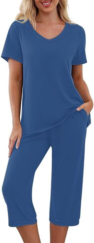 Womens Capri Pajama Sets Short Sleeve V Neck Tops Elastic Waist Crop Pants with Pockets Sleep Lounge Wear in Saudi Arabia