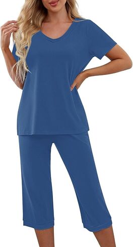 Womens Capri Pajama Sets Short Sleeve V Neck Tops Elastic Waist Crop Pants with Pockets Sleep Lounge Wear in Saudi Arabia
