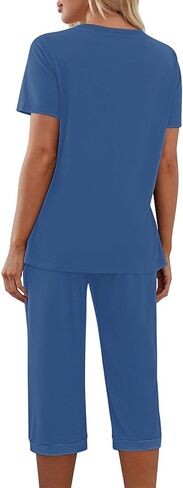 Womens Capri Pajama Sets Short Sleeve V Neck Tops Elastic Waist Crop Pants with Pockets Sleep Lounge Wear in Saudi Arabia