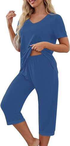 Womens Capri Pajama Sets Short Sleeve V Neck Tops Elastic Waist Crop Pants with Pockets Sleep Lounge Wear in Saudi Arabia