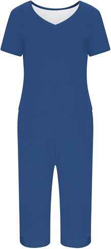 Womens Capri Pajama Sets Short Sleeve V Neck Tops Elastic Waist Crop Pants with Pockets Sleep Lounge Wear in Saudi Arabia