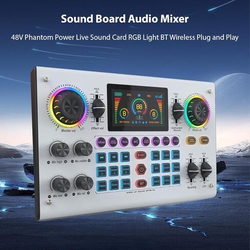 Btuty Sound Board Audio Mixer 48V Phantom Power Live Sound Card RGB Light BT Wireless Plug and Play for Live Streaming Podcasting Recording Content Create Gaming Rechargeable in Saudi Arabia
