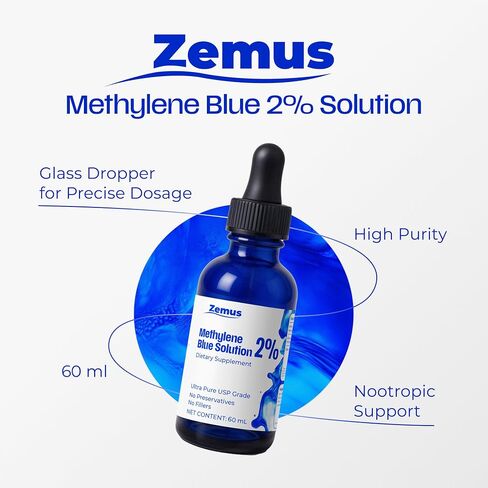 Methylene Blue 2% – 60 ML (2.03 fl oz) - 60 Day Supply - Nootropic Supplement – Ultra Pure USP Grade, – Made in USA, No Preservatives, Non-Therapeutic, Lab-Tested in Saudi Arabia