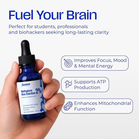 Methylene Blue 2% – 60 ML (2.03 fl oz) - 60 Day Supply - Nootropic Supplement – Ultra Pure USP Grade, – Made in USA, No Preservatives, Non-Therapeutic, Lab-Tested in Saudi Arabia