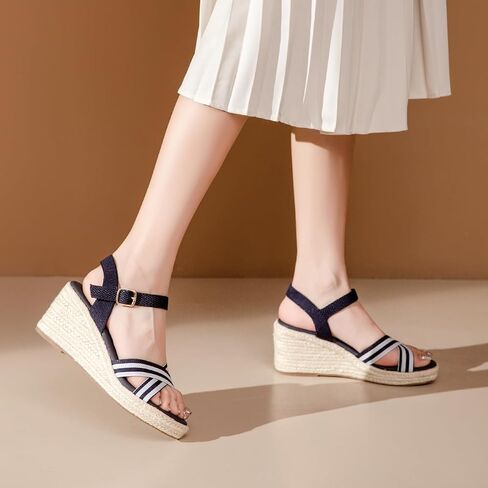 Tilocow espadrilles أسافين للنساء متماسكة الكعب المفتوح اصبع القدم في الكاحل صندل الشاطئ in Kuwait